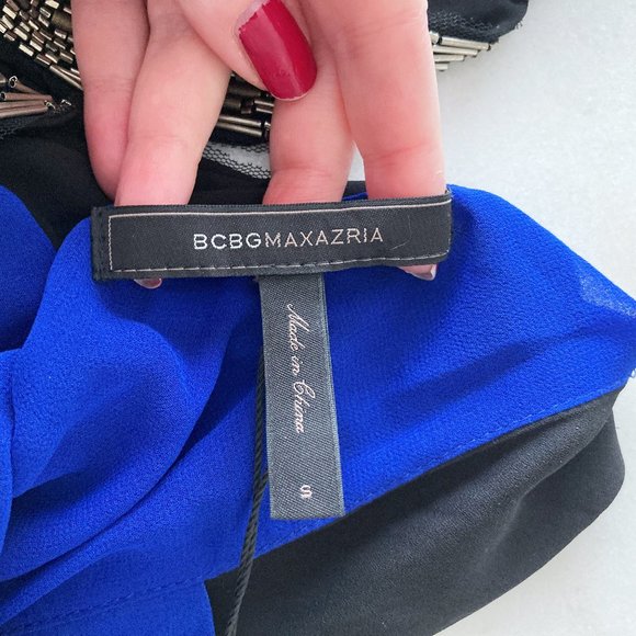 NWT BCBGMaxAzria Essex dress, black & blue, beaded straps, draped back, relaxed - Picture 5 of 7